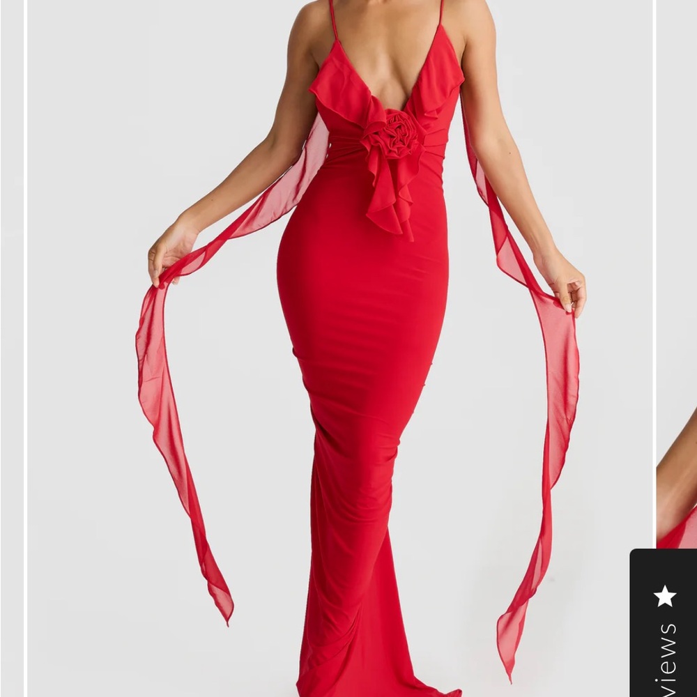 Red Maxi Gown with Ruffle Rose Detail